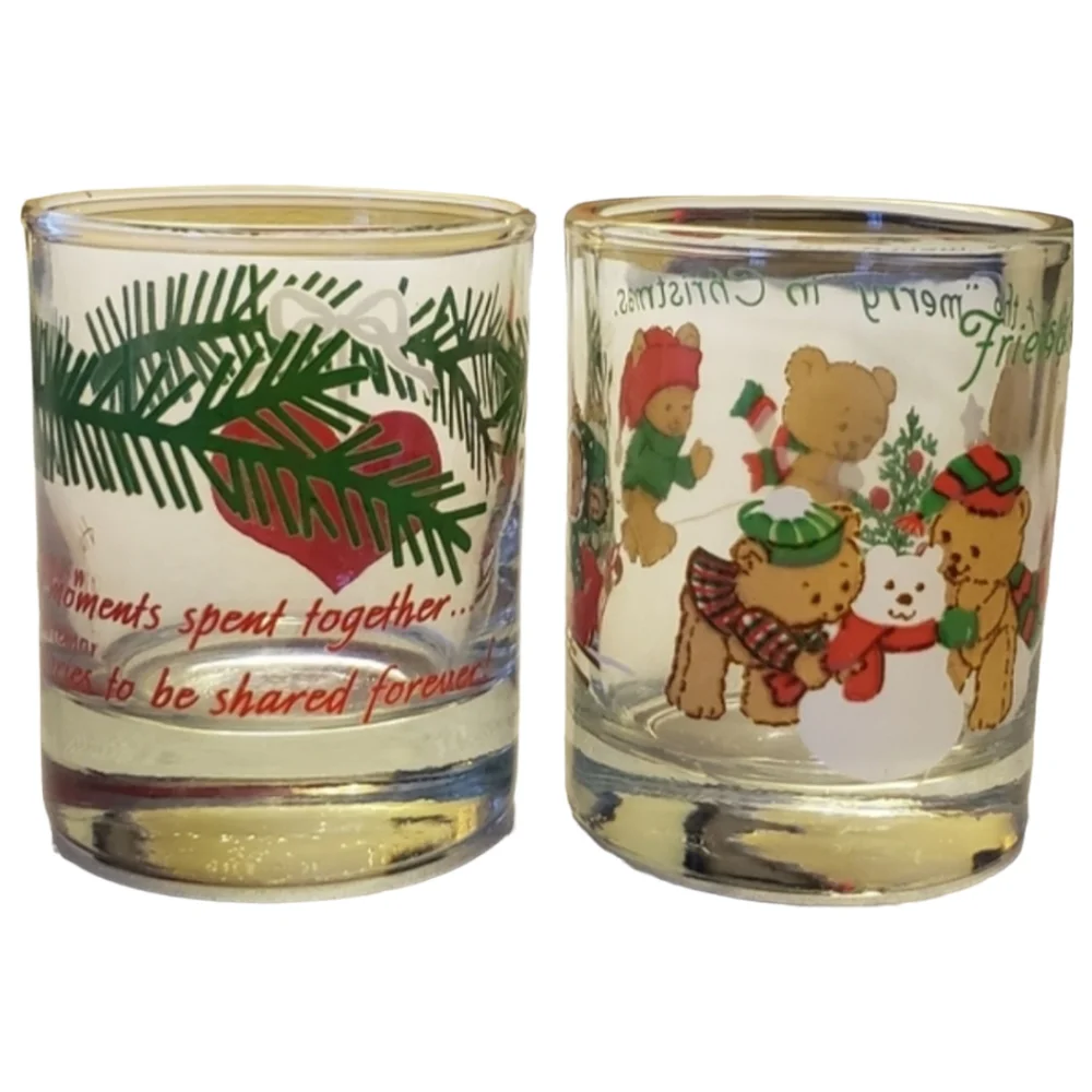 2 Vintage Collector's Shot/Espresso/Candle Glasses Christmas Teddy Bear Heart